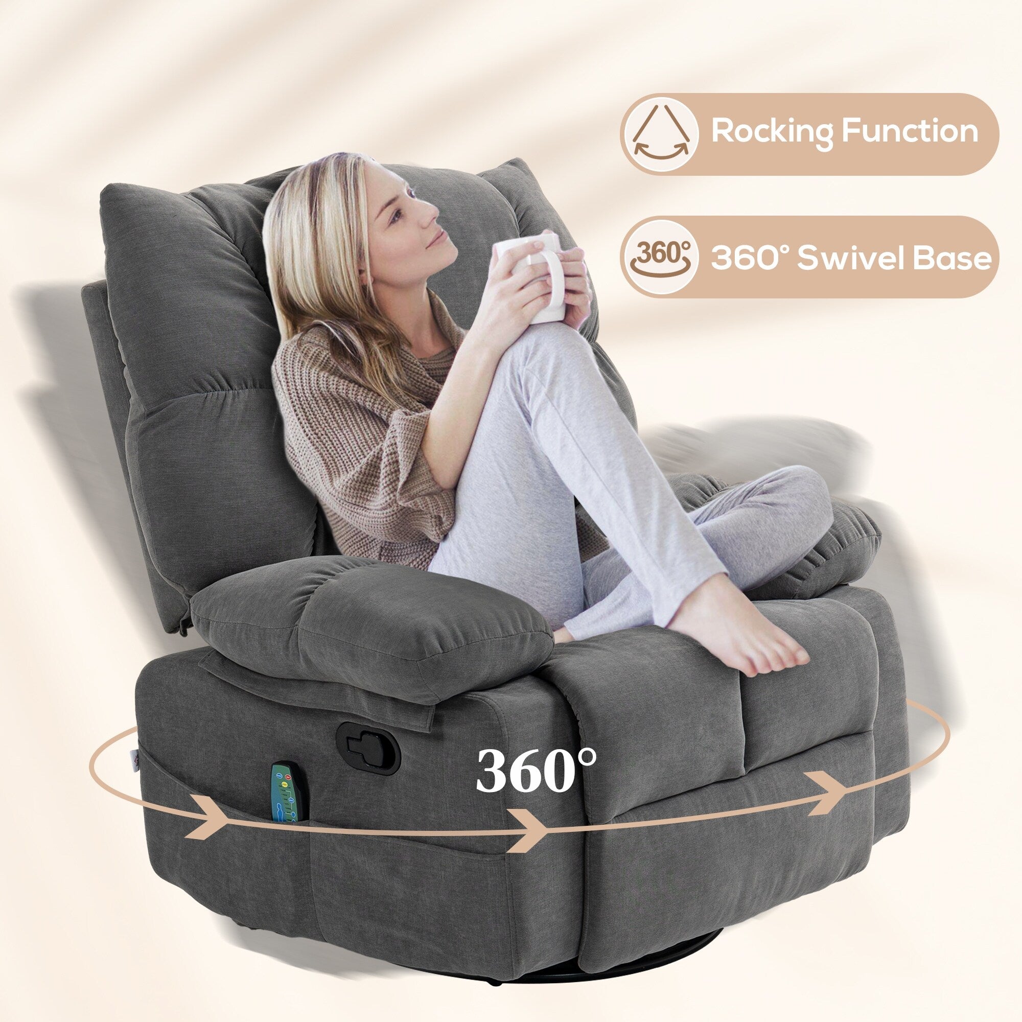 Fauteuil inclinable manuel pivotant surdimensionné avec massage par vibration, chauffage et repose-pieds, 4 poches latérales et télécommande
