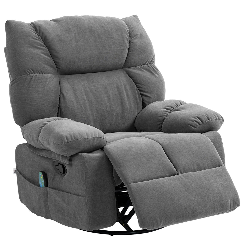 Fauteuil inclinable manuel pivotant surdimensionné avec massage par vibration, chauffage et repose-pieds, 4 poches latérales et télécommande