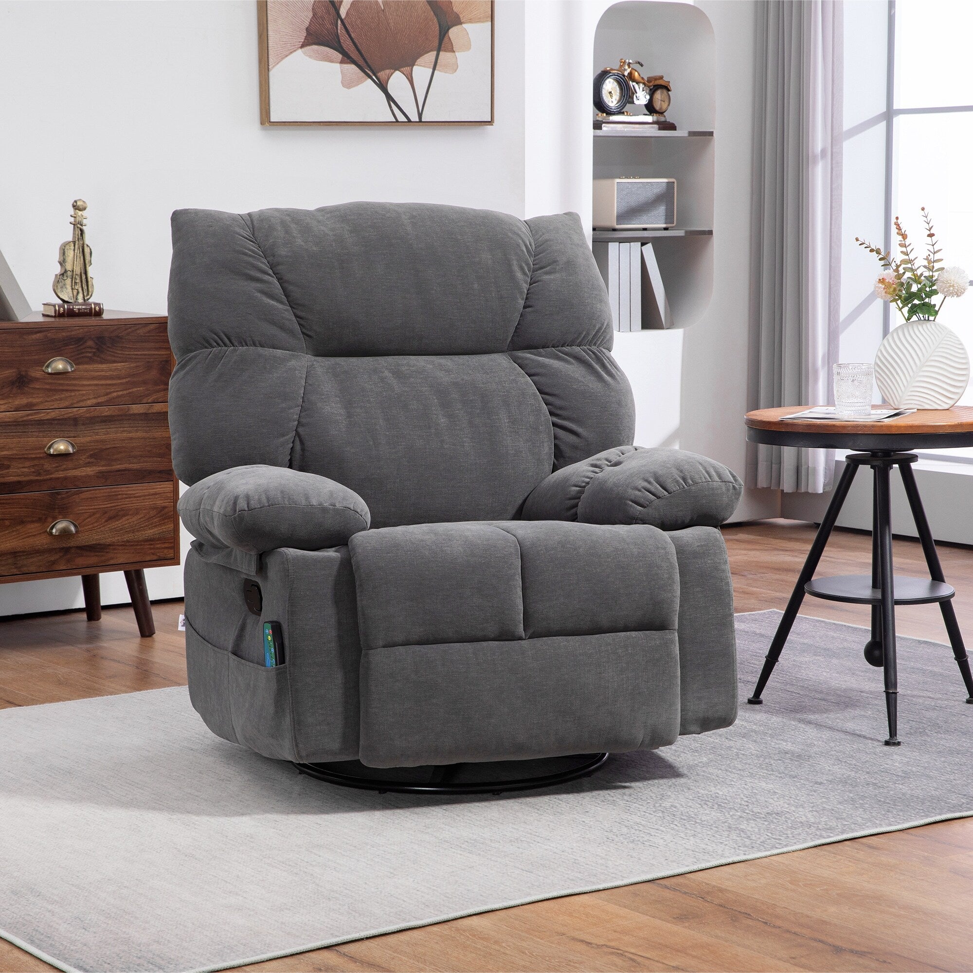 Fauteuil inclinable manuel pivotant surdimensionné avec massage par vibration, chauffage et repose-pieds, 4 poches latérales et télécommande