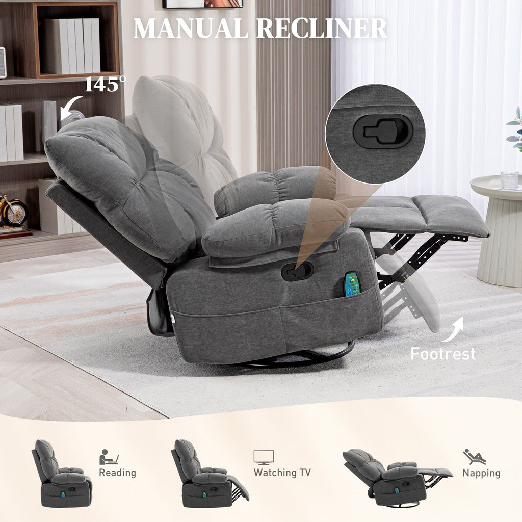 Fauteuil inclinable manuel pivotant surdimensionné avec massage par vibration, chauffage et repose-pieds, 4 poches latérales et télécommande
