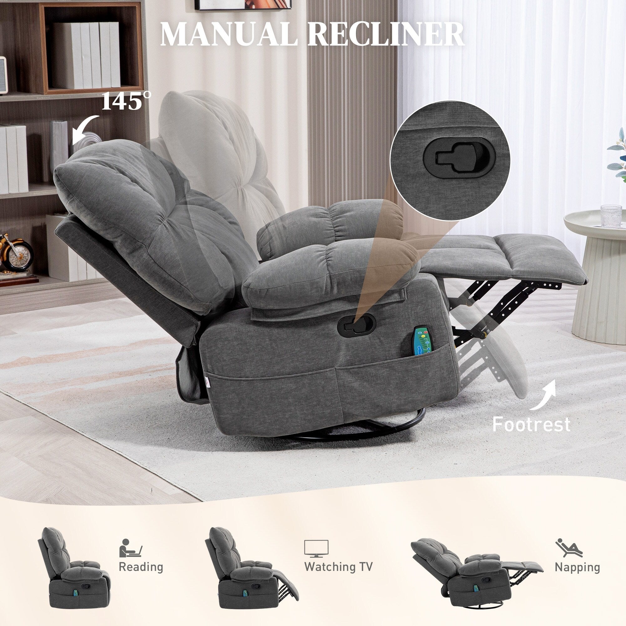 Fauteuil inclinable manuel pivotant surdimensionné avec massage par vibration, chauffage et repose-pieds, 4 poches latérales et télécommande