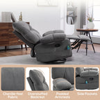 Fauteuil inclinable manuel pivotant surdimensionné avec massage par vibration, chauffage et repose-pieds, 4 poches latérales et télécommande