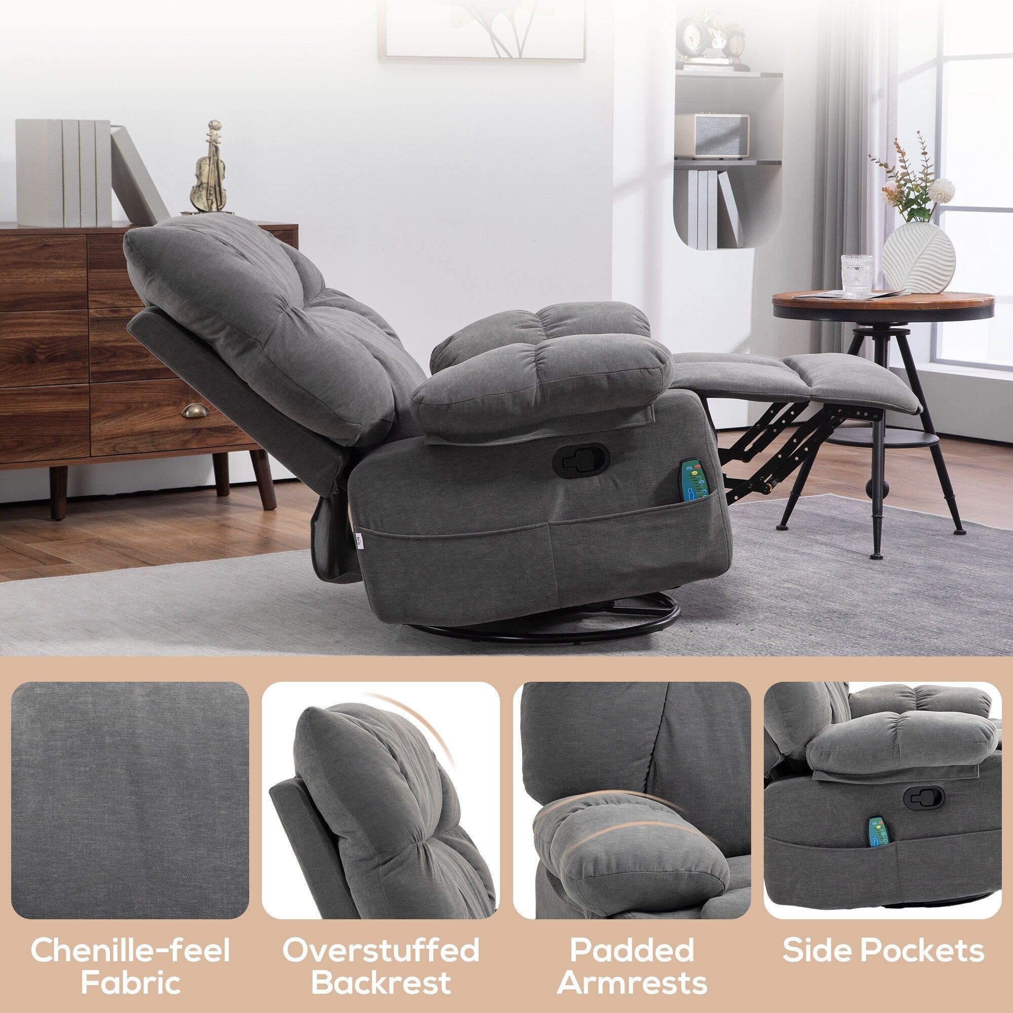 Fauteuil inclinable manuel pivotant surdimensionné avec massage par vibration, chauffage et repose-pieds, 4 poches latérales et télécommande