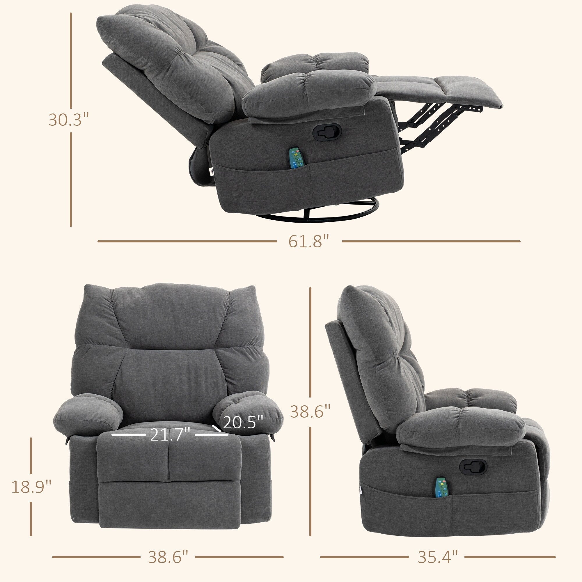 Fauteuil inclinable manuel pivotant surdimensionné avec massage par vibration, chauffage et repose-pieds, 4 poches latérales et télécommande
