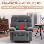 Fauteuil inclinable manuel pivotant surdimensionné avec massage par vibration, chauffage et repose-pieds, 4 poches latérales et télécommande