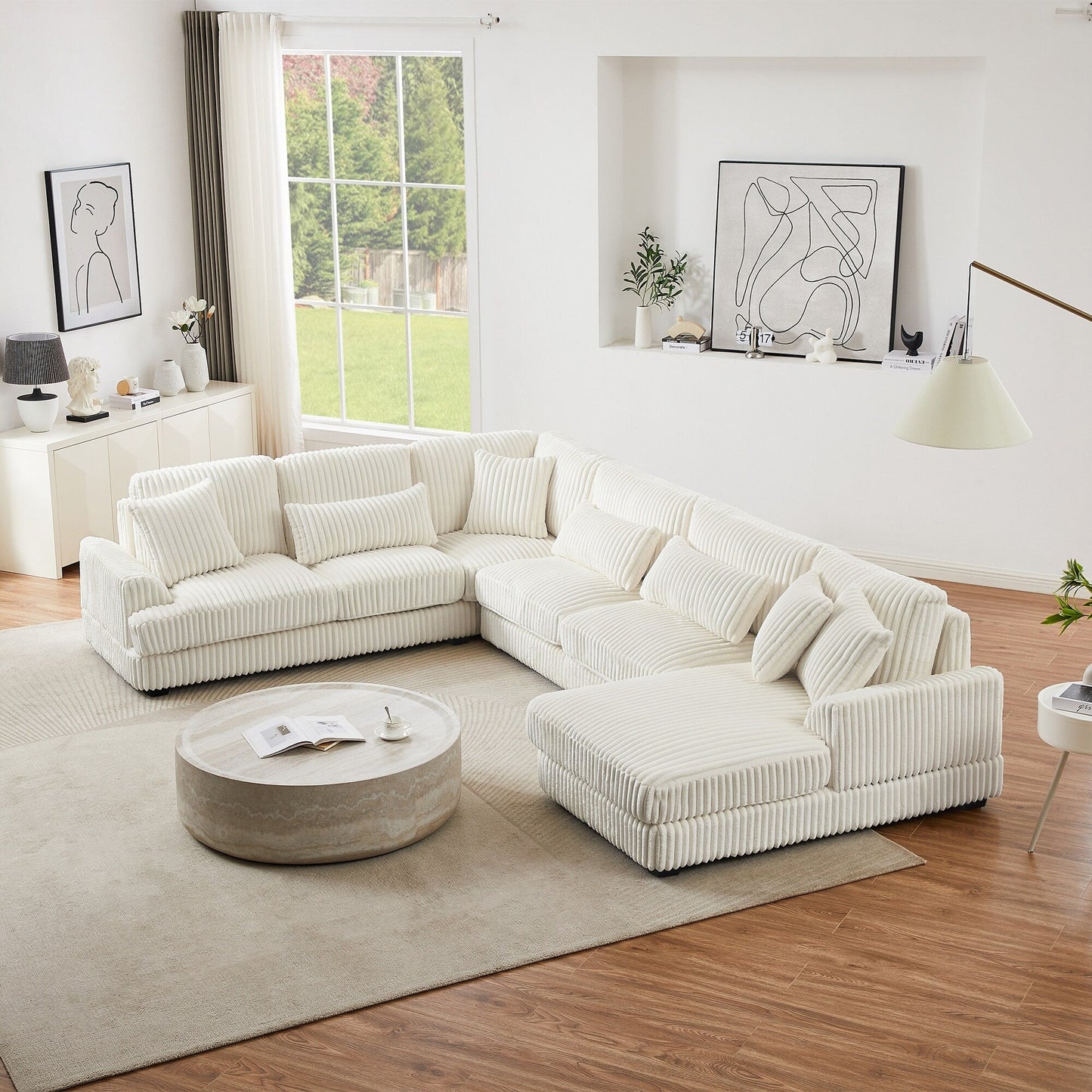 Canapé sectionnel surdimensionné en U avec méridienne, 4 coussins carrés et 3 coussins lombaires pour le salon