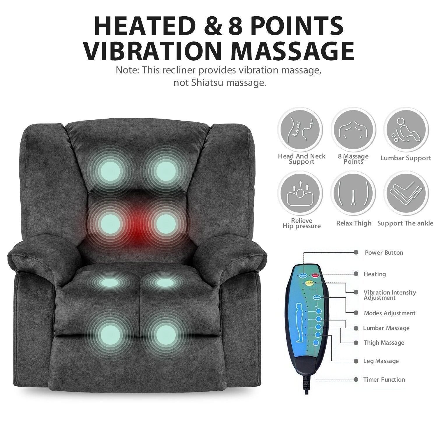 Fauteuil inclinable manuel rembourré surdimensionné avec massage par vibrations à 8 points, chauffage lombaire, 2 poches latérales