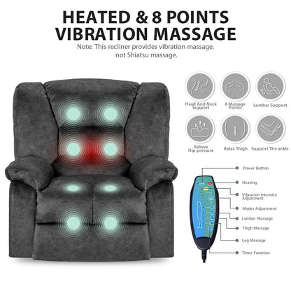 Fauteuil inclinable manuel rembourré surdimensionné avec massage par vibrations à 8 points, chauffage lombaire, 2 poches latérales