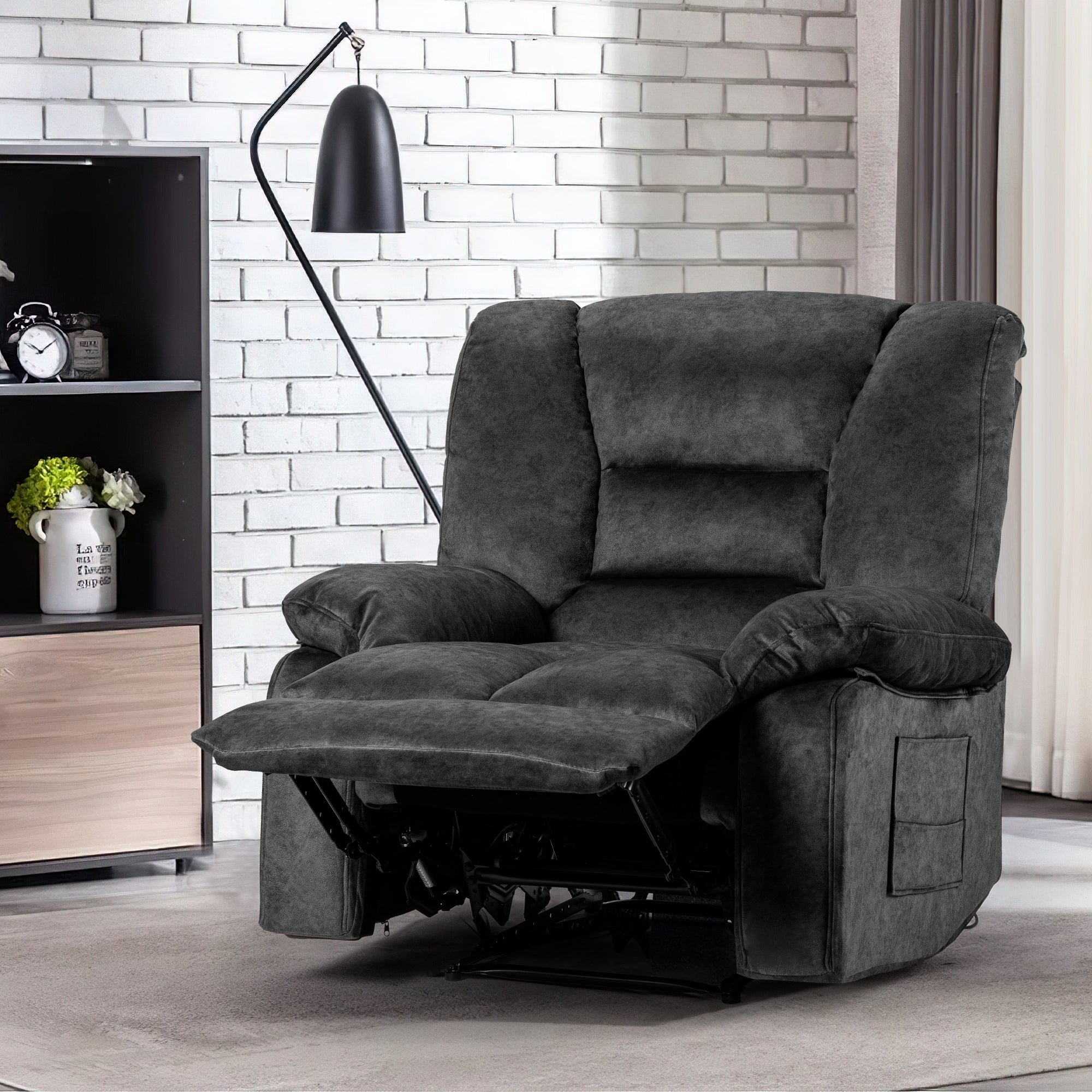 Fauteuil inclinable manuel rembourré surdimensionné avec massage par vibrations à 8 points, chauffage lombaire, 2 poches latérales