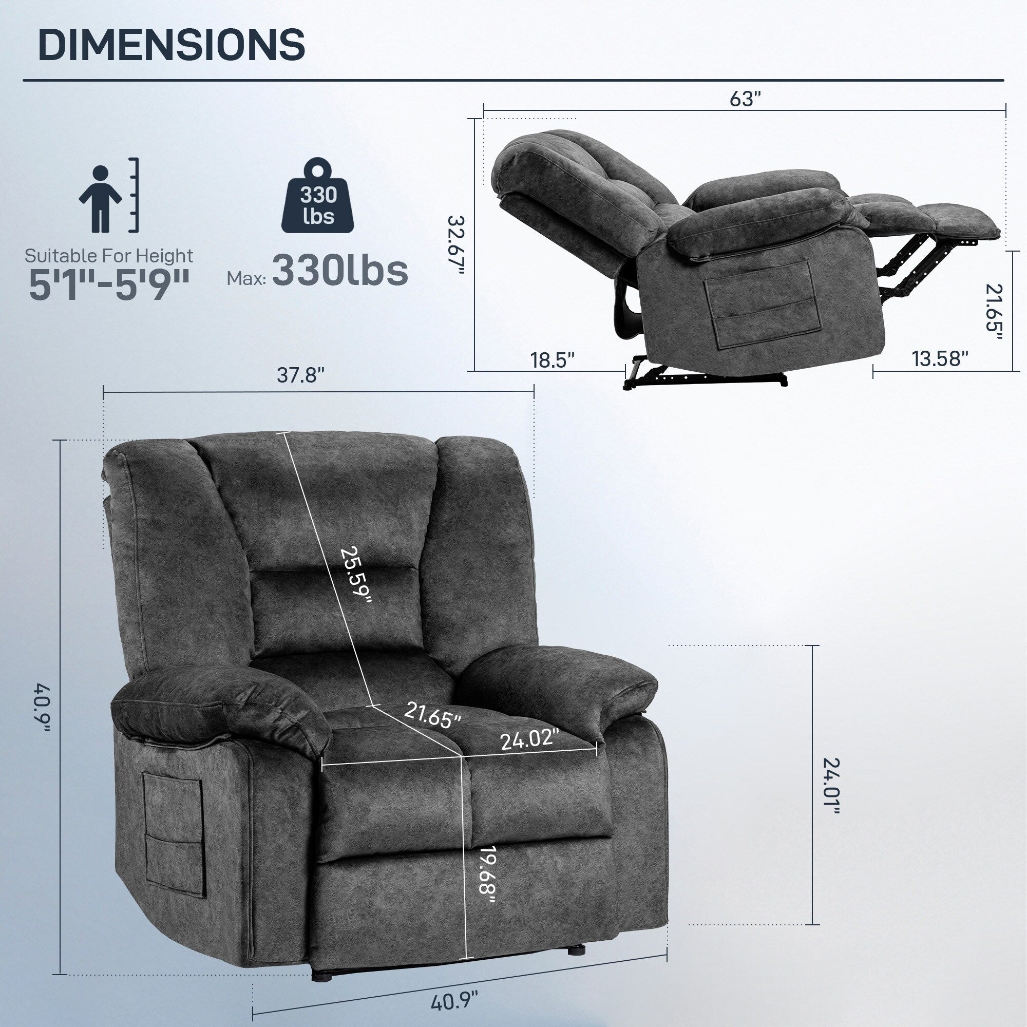 Fauteuil inclinable manuel rembourré surdimensionné avec massage par vibrations à 8 points, chauffage lombaire, 2 poches latérales
