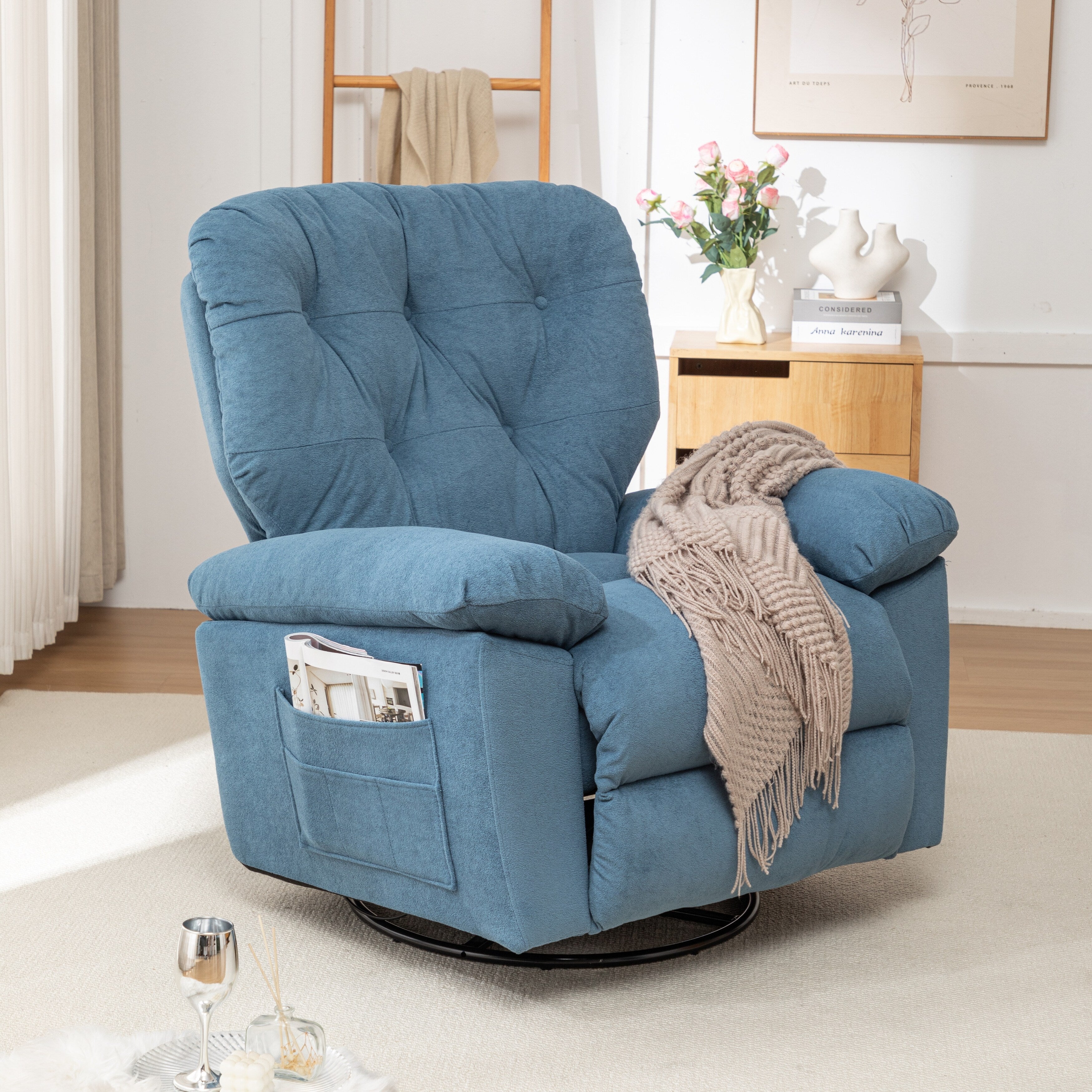 Fauteuil inclinable pivotant rembourré avec polaire synthétique douce et poche latérale