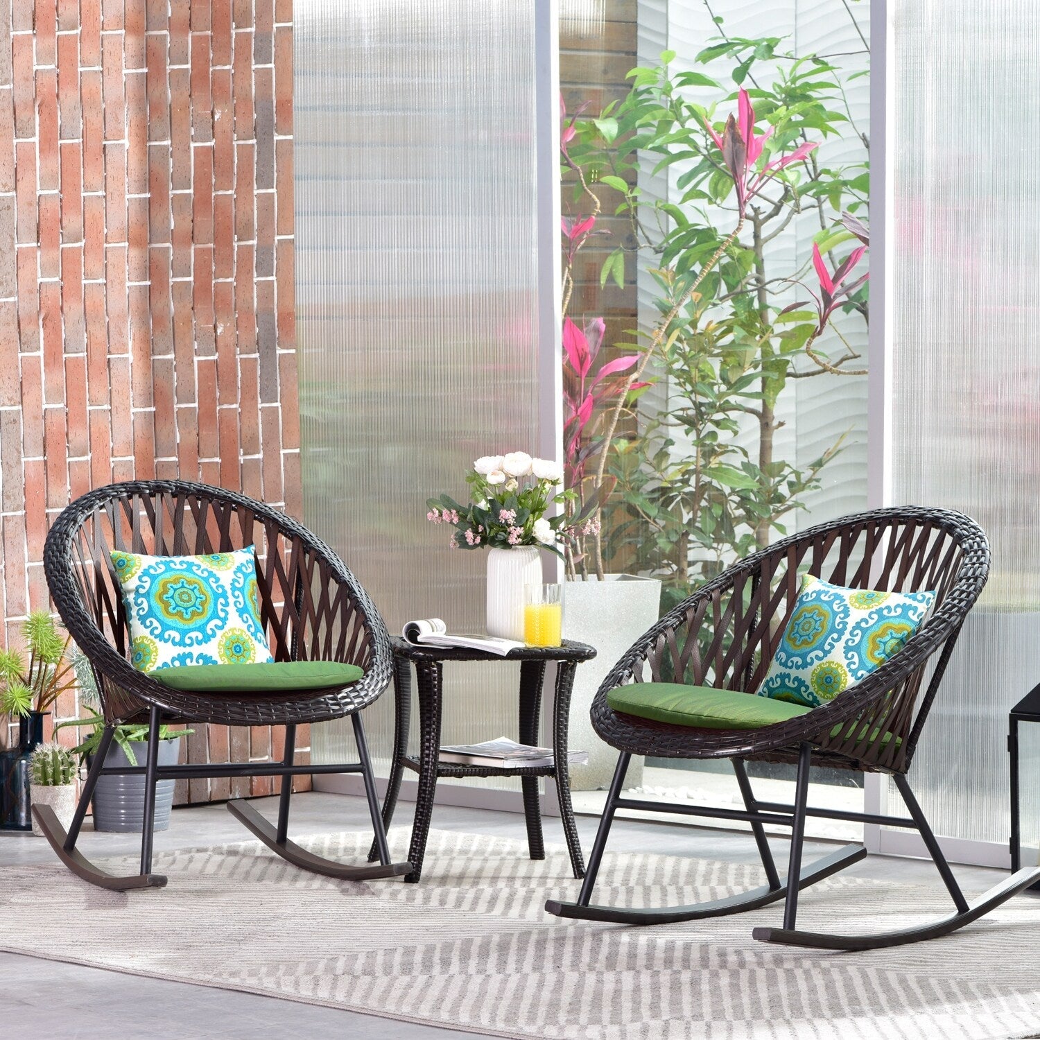Ensemble bistrot OVIOS 3 pièces avec chaises à bascule et table basse en verre