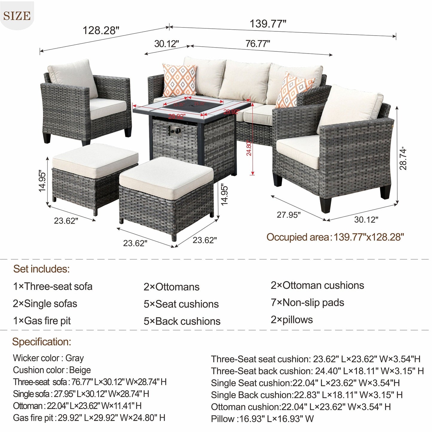 Ensemble de conversation extérieur en osier OVIOS 6 pièces avec foyer de 30