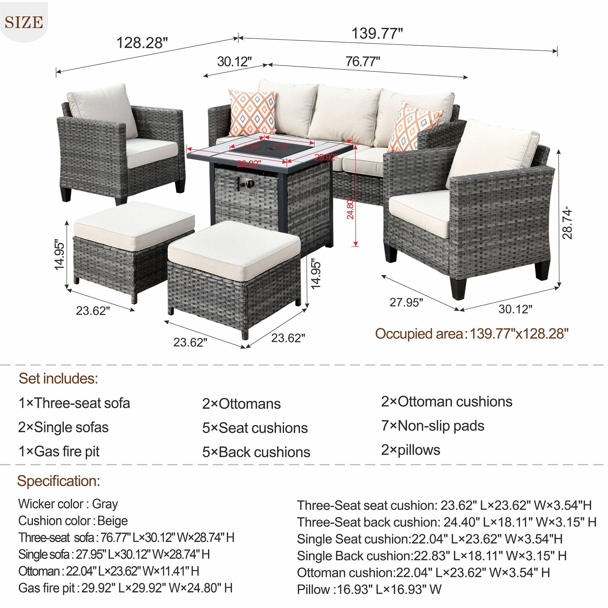 Ensemble de conversation extérieur en osier OVIOS 6 pièces avec foyer de 30