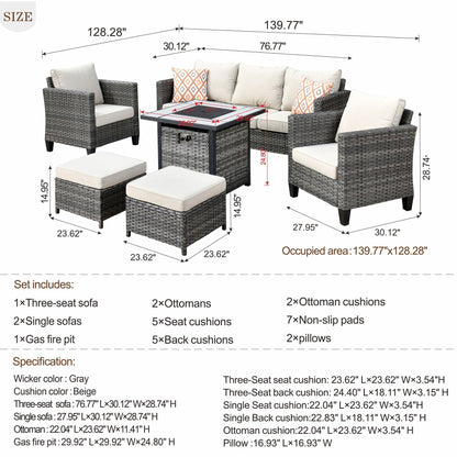 Ensemble de conversation extérieur en osier OVIOS 6 pièces avec foyer de 30