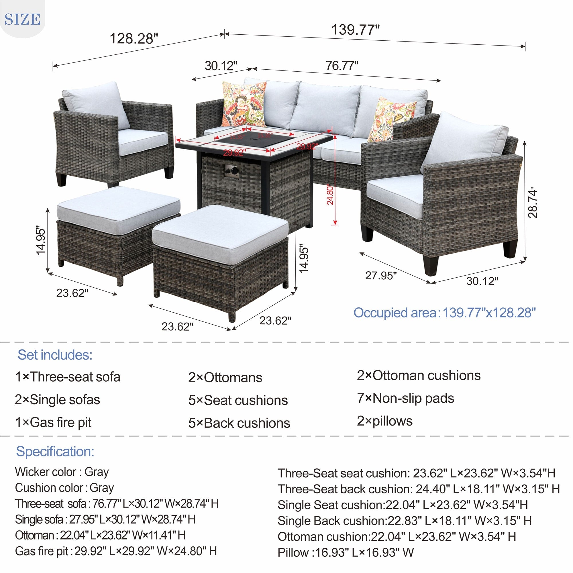 Ensemble de conversation extérieur en osier OVIOS 6 pièces avec foyer de 30
