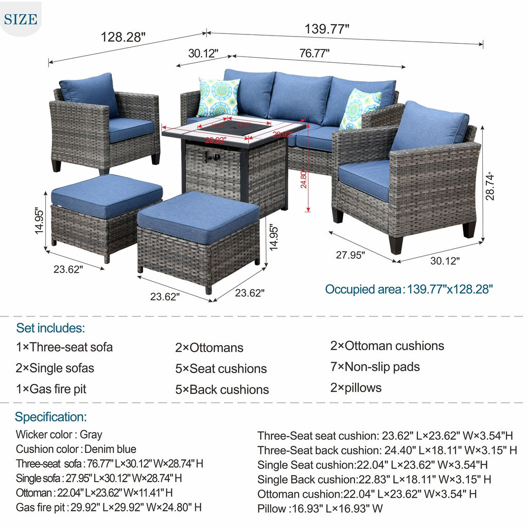 Ensemble de conversation extérieur en osier OVIOS 6 pièces avec foyer de 30