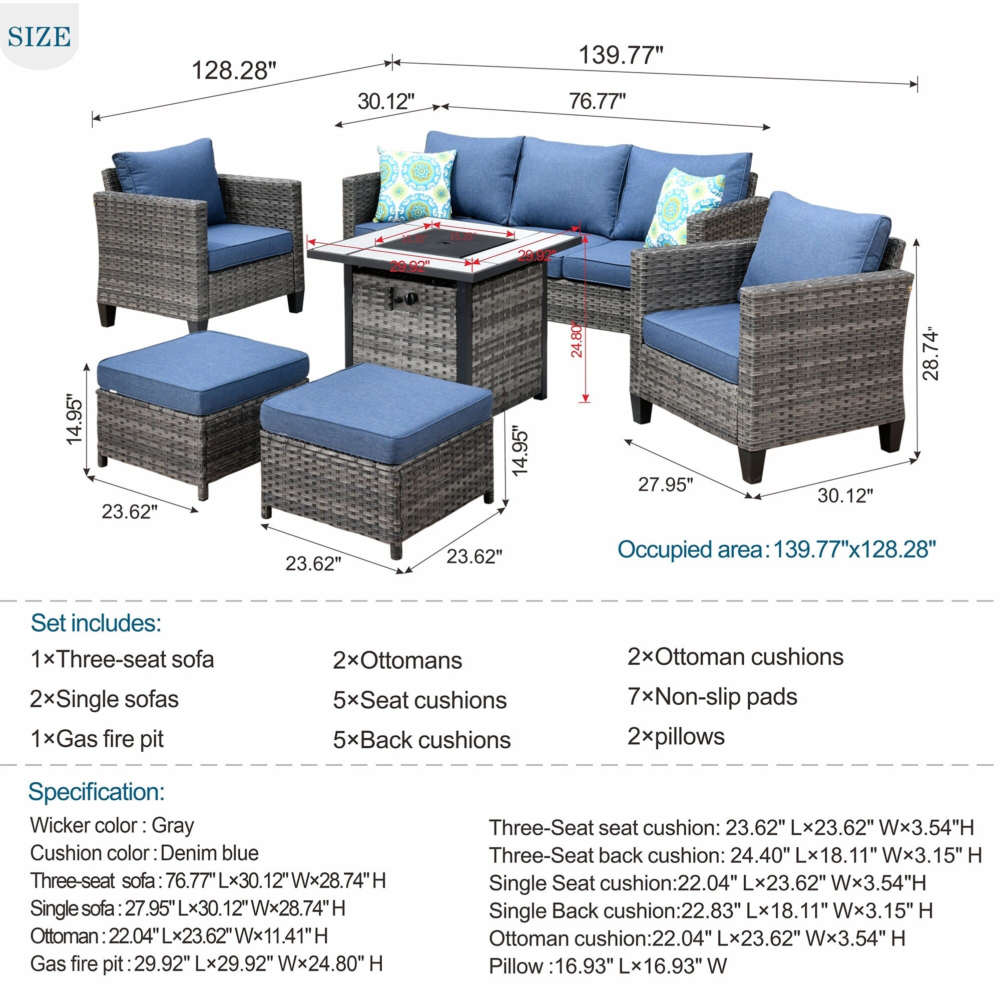 Ensemble de conversation extérieur en osier OVIOS 6 pièces avec foyer de 30