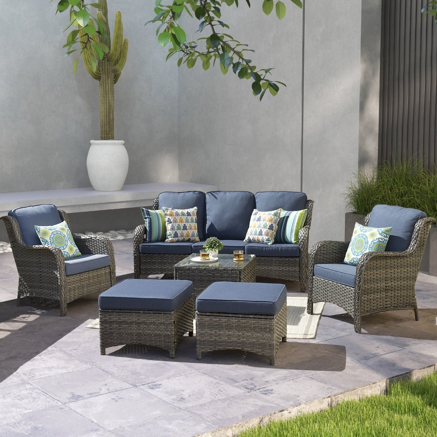 Ensemble de conversation de patio OVIOS 6 pièces en osier avec table à plateau en verre