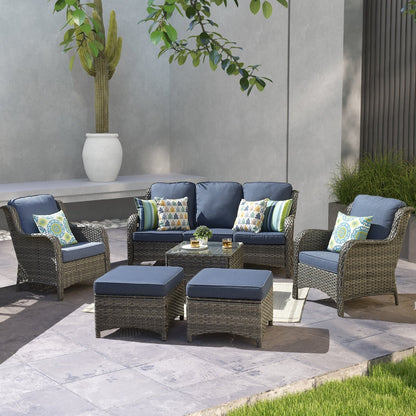 Ensemble de conversation de patio OVIOS 6 pièces en osier avec table à plateau en verre