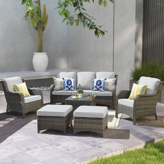 Ensemble de conversation de patio OVIOS 6 pièces en osier avec table à plateau en verre