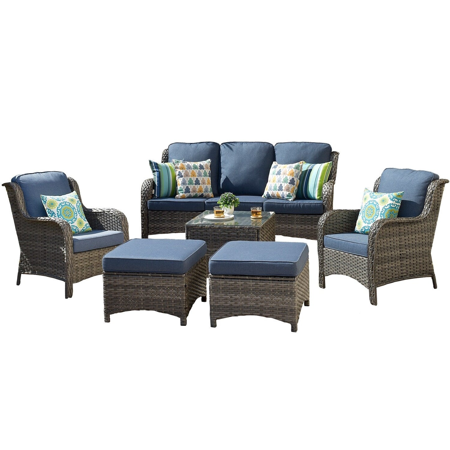 Ensemble de conversation de patio OVIOS 6 pièces en osier avec table à plateau en verre
