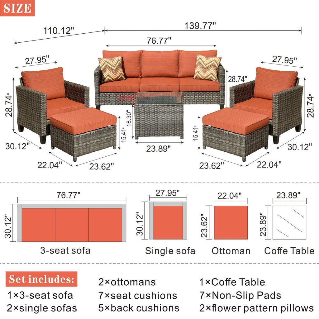 Ensemble de conversation extérieur OVIOS 6 pièces en osier avec table à plateau en verre