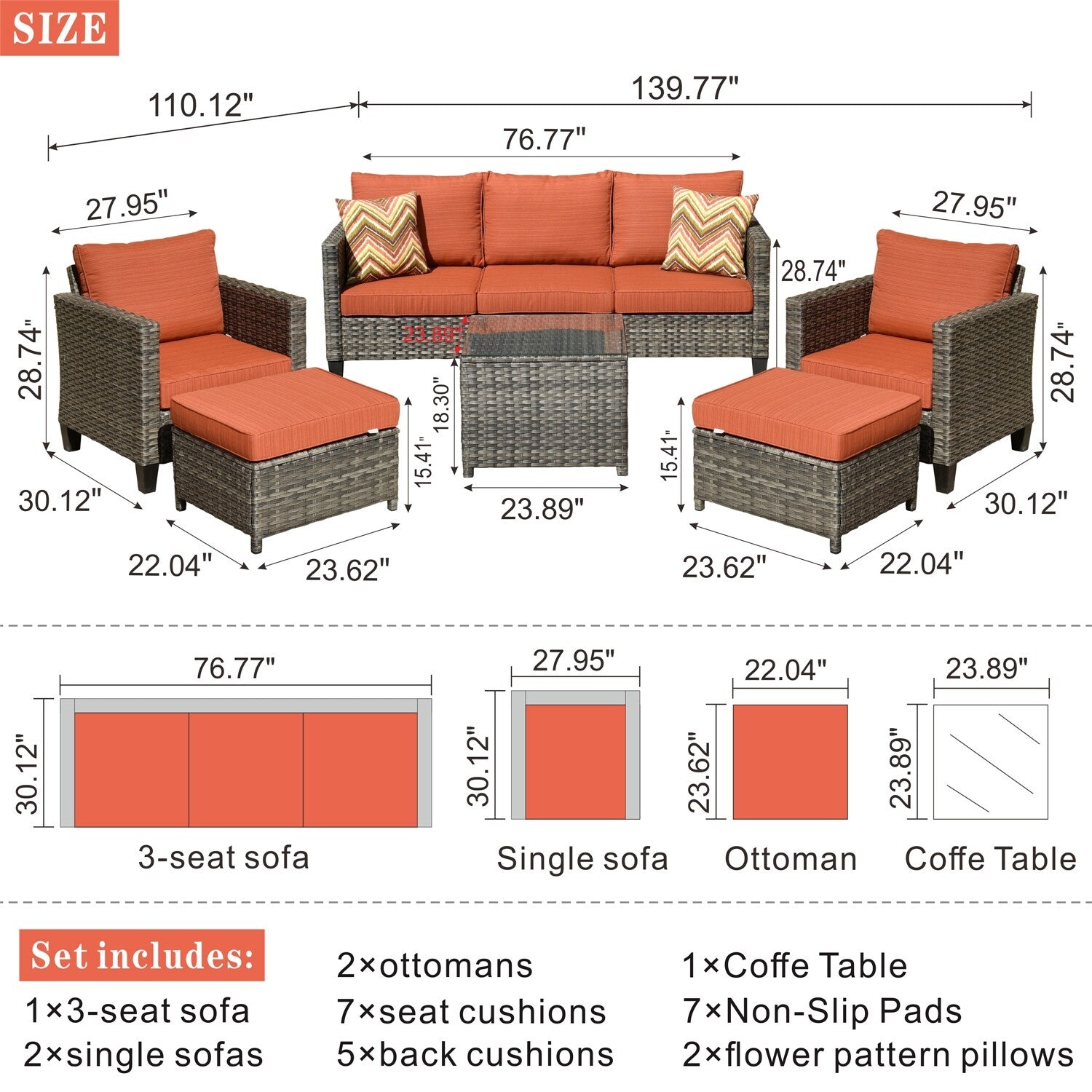 Ensemble de conversation extérieur OVIOS 6 pièces en osier avec table à plateau en verre