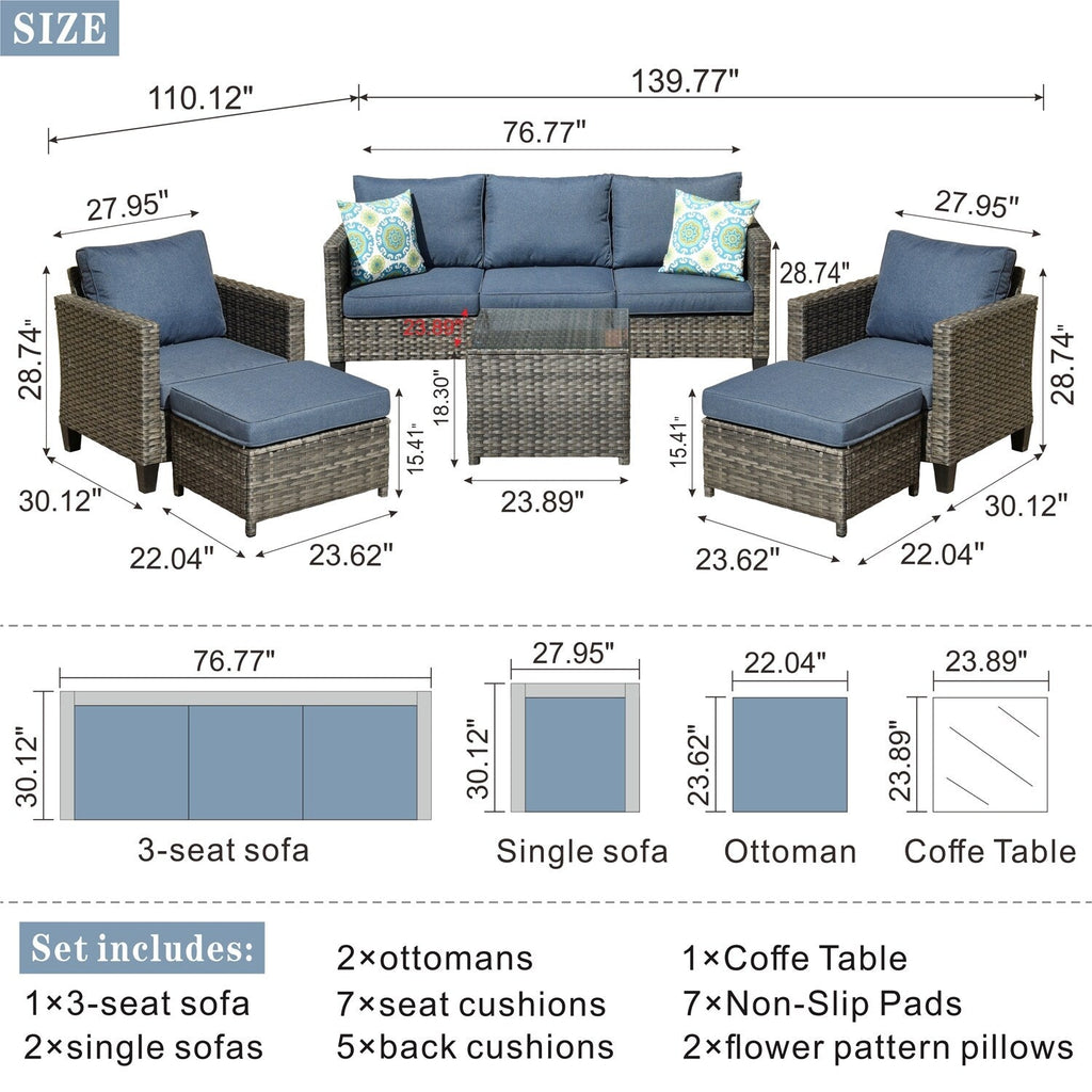Ensemble de conversation extérieur OVIOS 6 pièces en osier avec table à plateau en verre