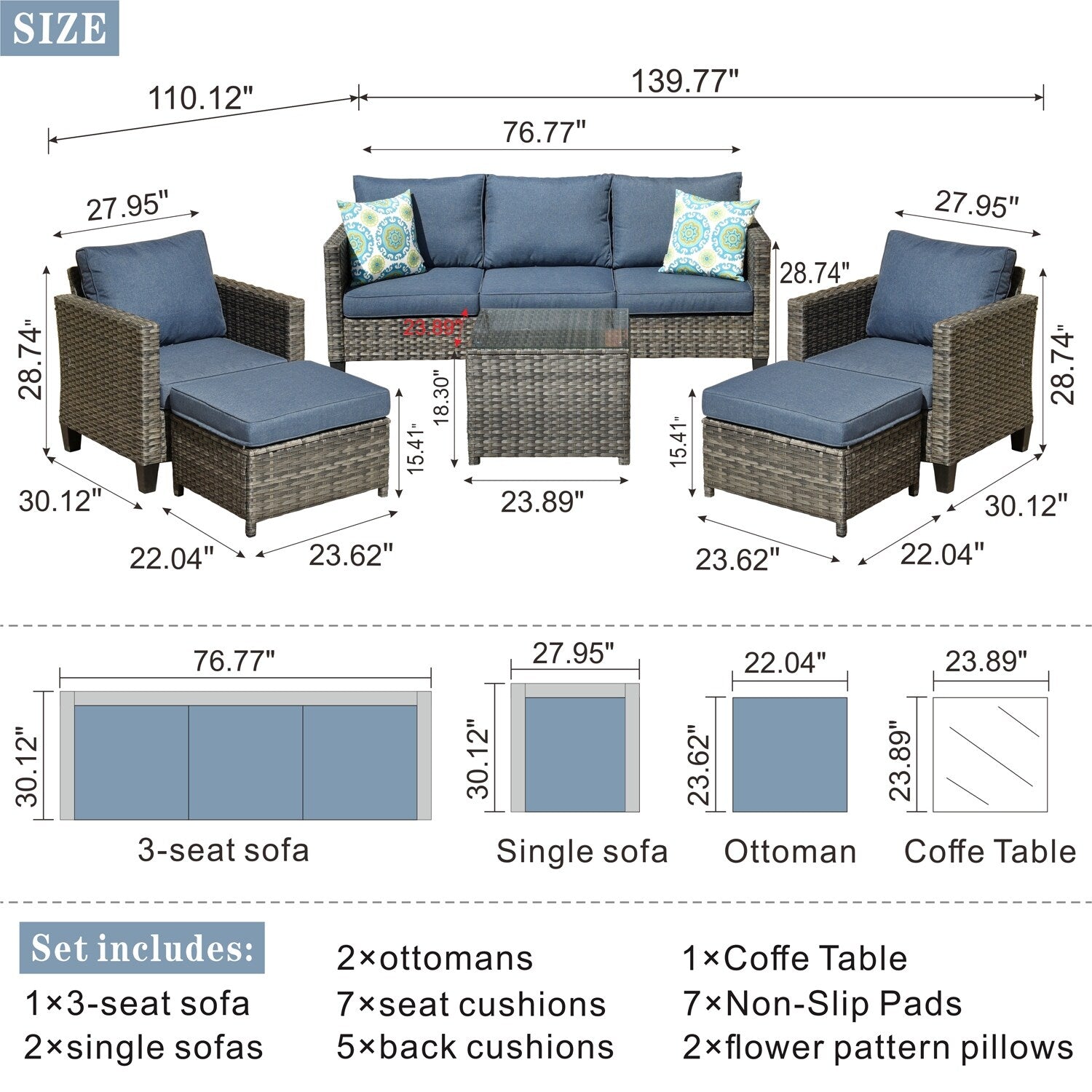 Ensemble de conversation extérieur OVIOS 6 pièces en osier avec table à plateau en verre