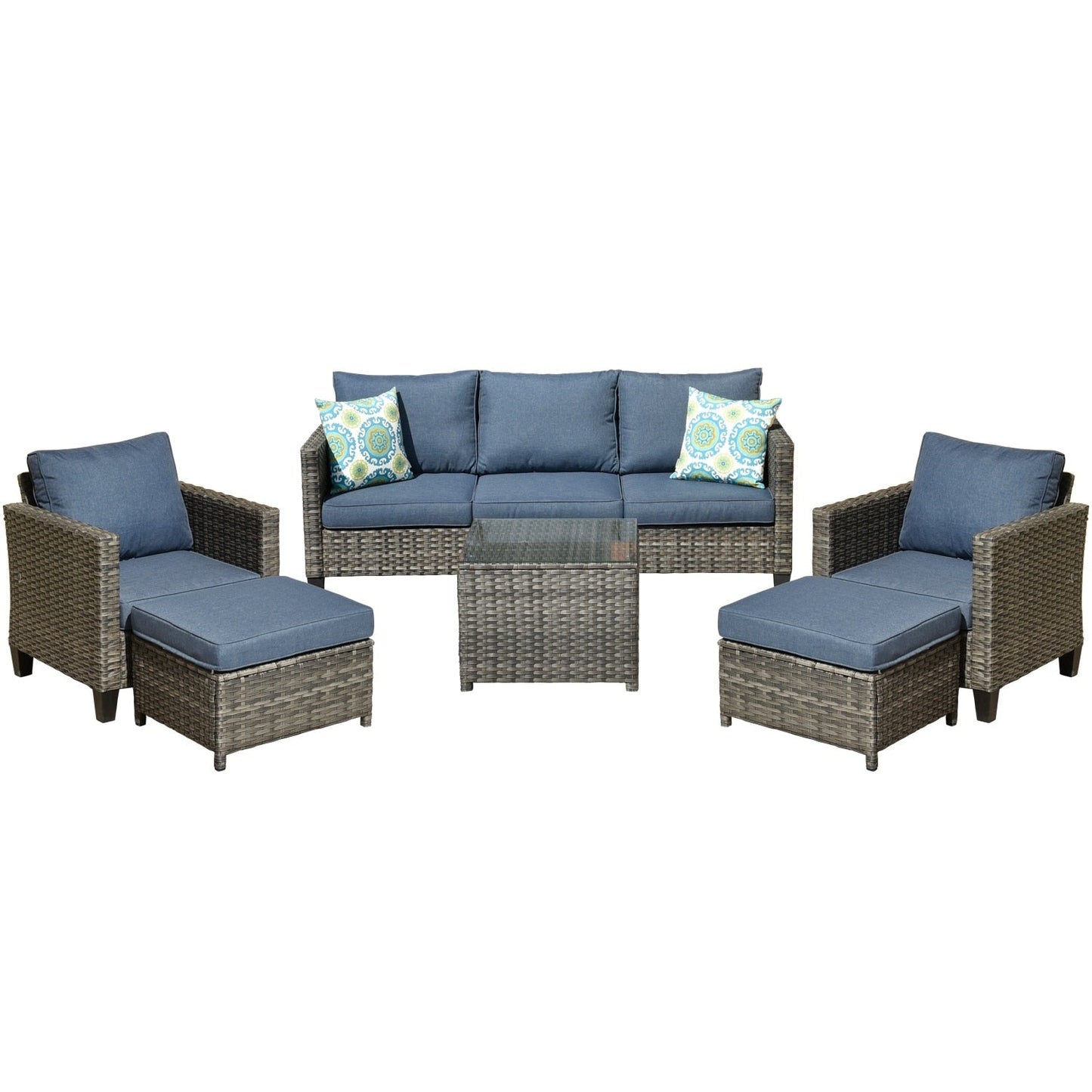 Ensemble de conversation extérieur OVIOS 6 pièces en osier avec table à plateau en verre