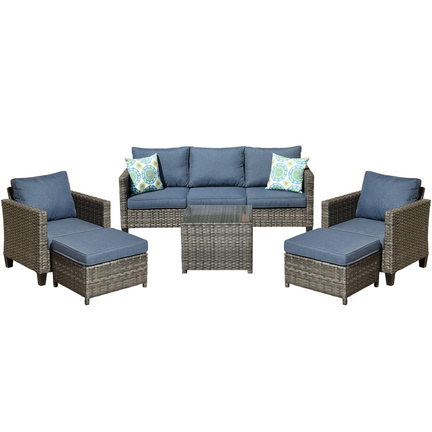 Ensemble de conversation extérieur OVIOS 6 pièces en osier avec table à plateau en verre