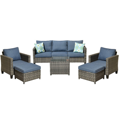 Ensemble de conversation extérieur OVIOS 6 pièces en osier avec table à plateau en verre