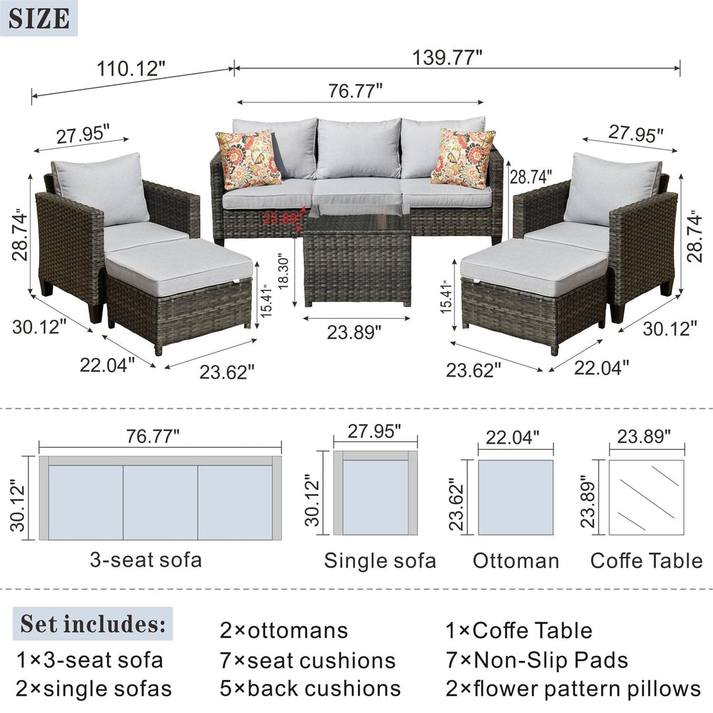 Ensemble de conversation extérieur OVIOS 6 pièces en osier avec table à plateau en verre
