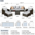 Ensemble de conversation extérieur OVIOS 6 pièces en osier avec table à plateau en verre