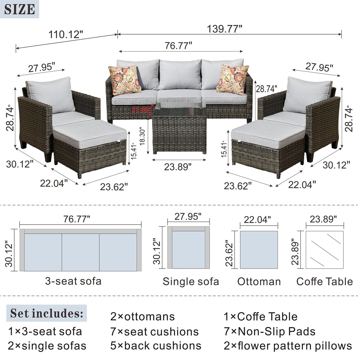 Ensemble de conversation extérieur OVIOS 6 pièces en osier avec table à plateau en verre