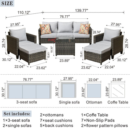 Ensemble de conversation extérieur OVIOS 6 pièces en osier avec table à plateau en verre
