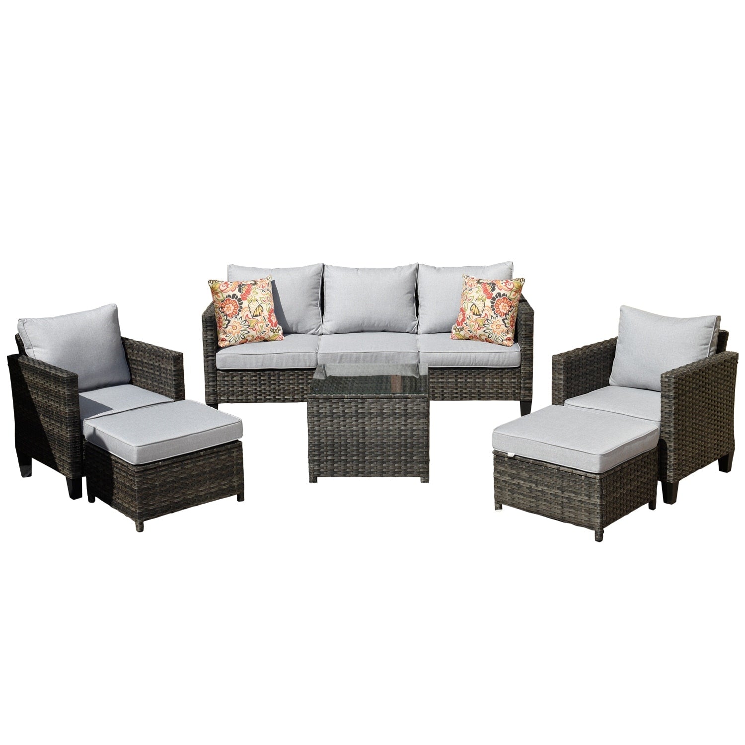 Ensemble de conversation extérieur OVIOS 6 pièces en osier avec table à plateau en verre