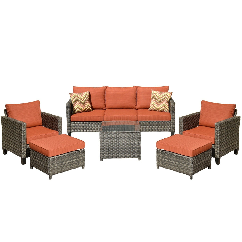 Ensemble de conversation extérieur OVIOS 6 pièces en osier avec table à plateau en verre