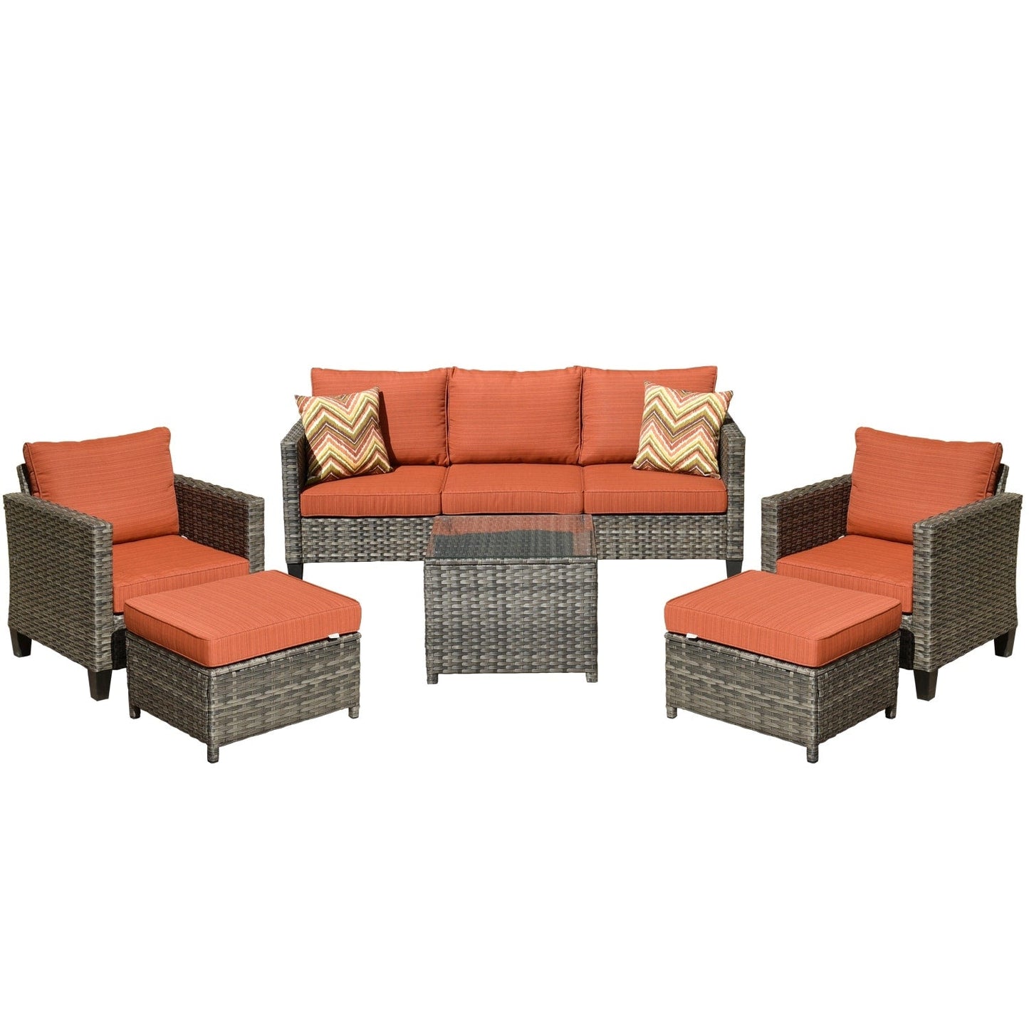 Ensemble de conversation extérieur OVIOS 6 pièces en osier avec table à plateau en verre