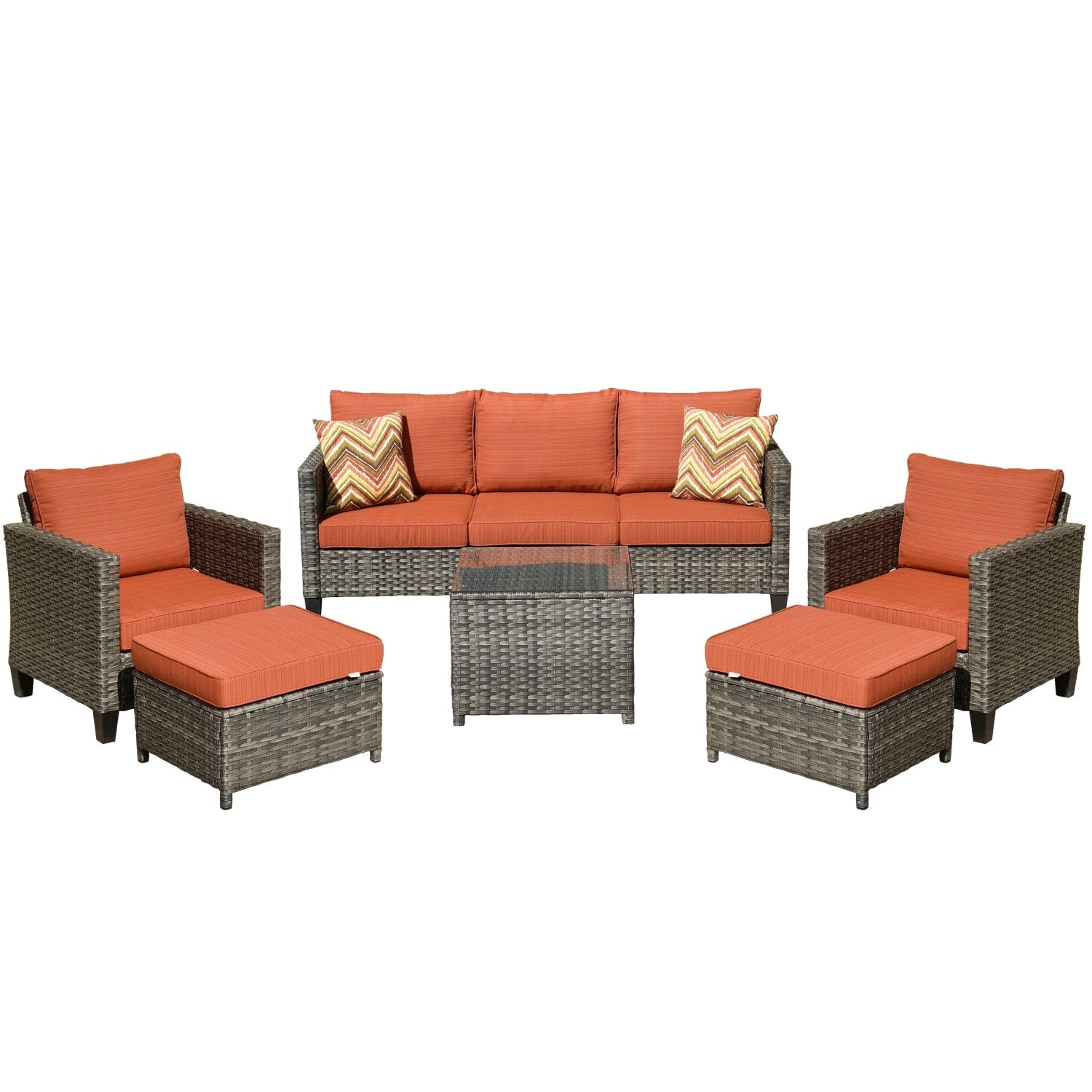 Ensemble de conversation extérieur OVIOS 6 pièces en osier avec table à plateau en verre