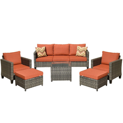 Ensemble de conversation extérieur OVIOS 6 pièces en osier avec table à plateau en verre