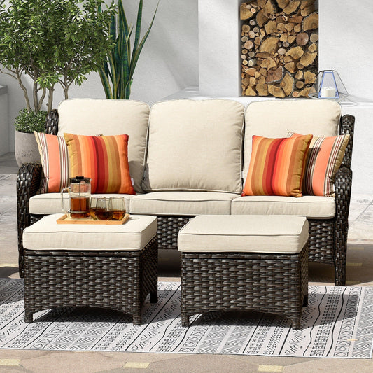 Canapé de patio 3 pièces en osier OVIOS avec poufs