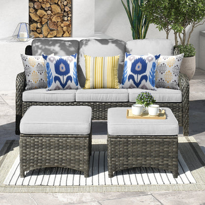 Canapé de patio 3 pièces en osier OVIOS avec poufs