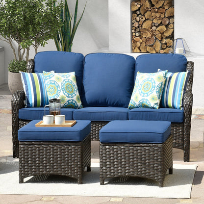Canapé de patio 3 pièces en osier OVIOS avec poufs