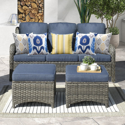 Canapé de patio 3 pièces en osier OVIOS avec poufs