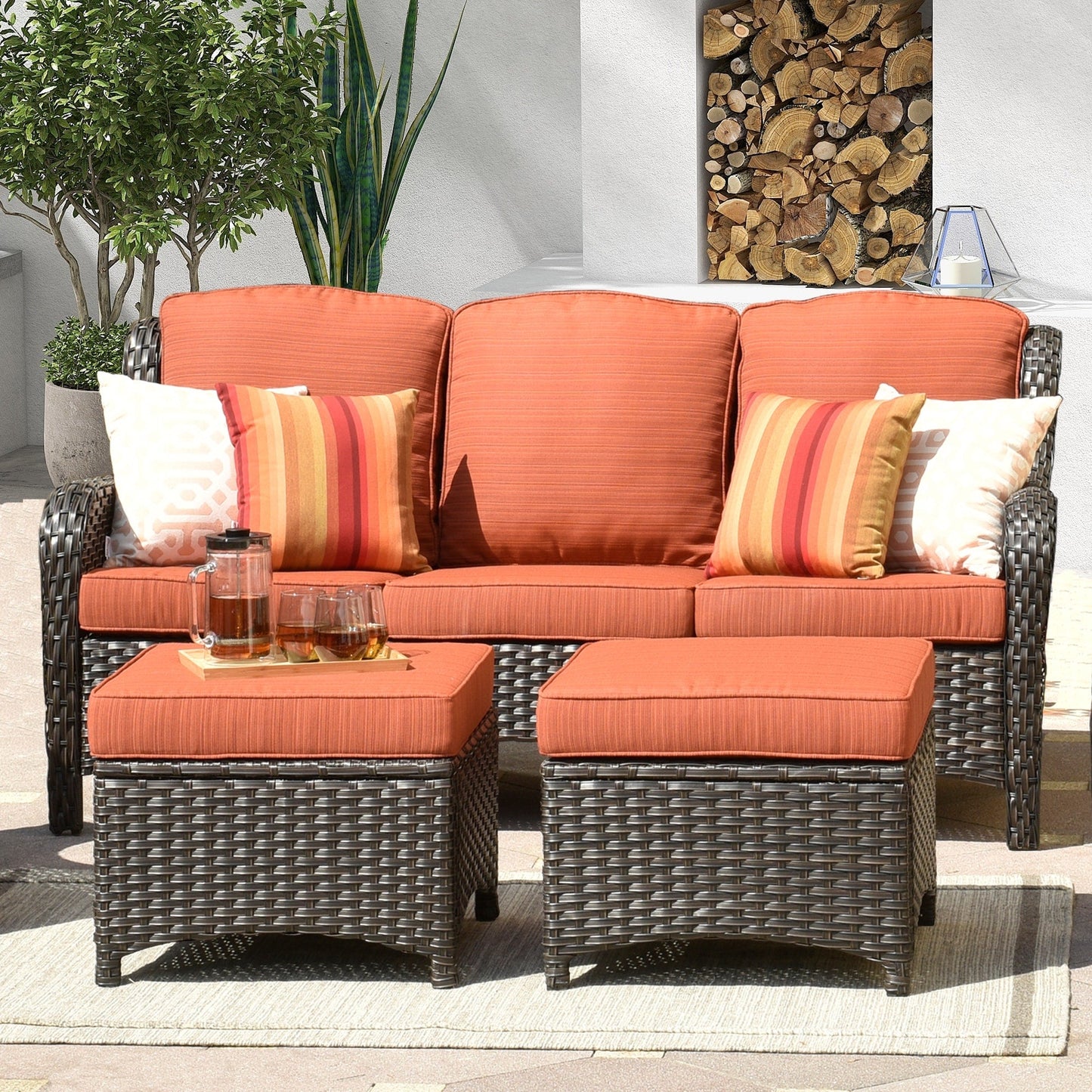 Canapé de patio 3 pièces en osier OVIOS avec poufs
