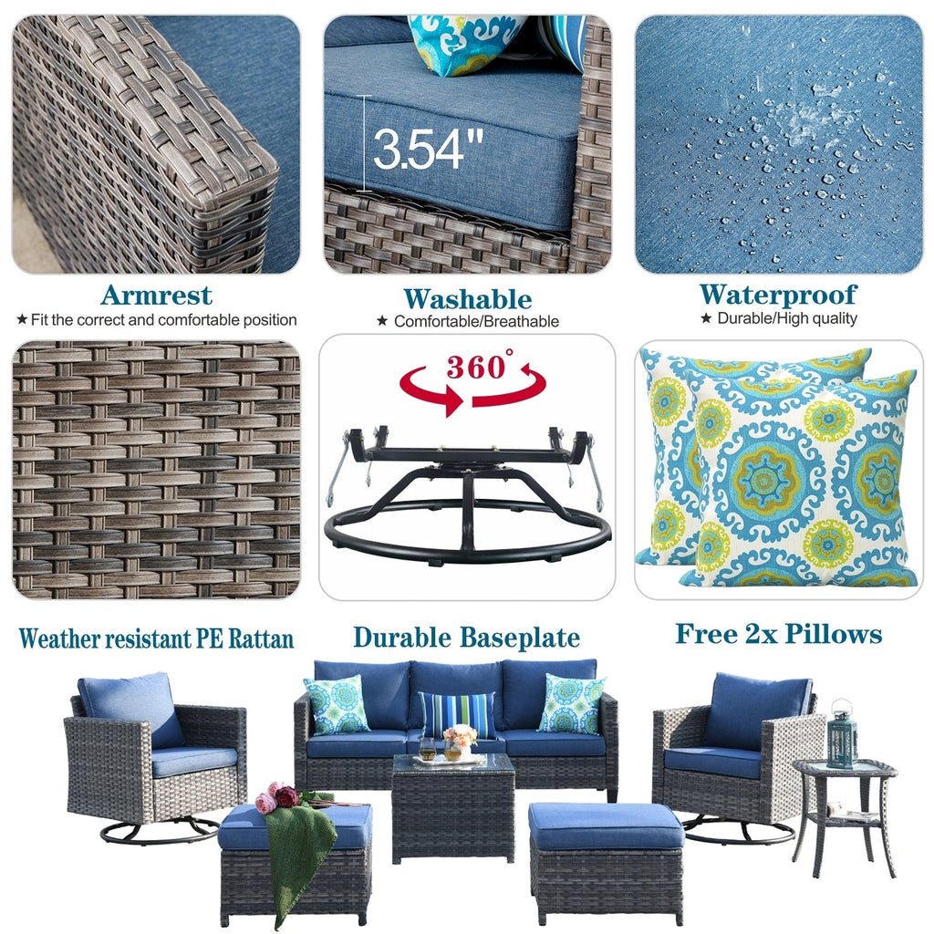Ensemble de meubles de patio OVIOS 7 pièces en osier avec chaises pivotantes à bascule