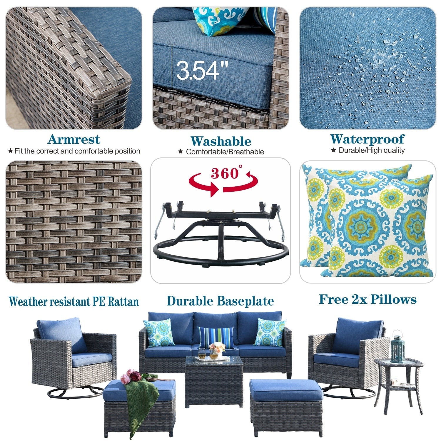 Ensemble de meubles de patio OVIOS 7 pièces en osier avec chaises pivotantes à bascule