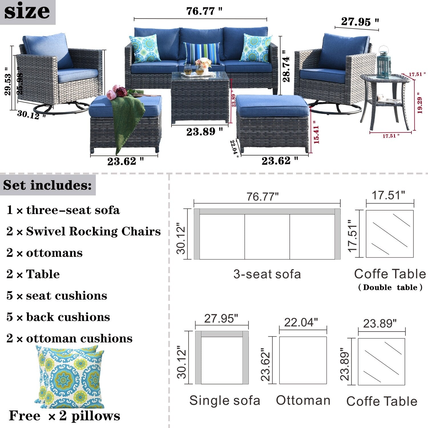 Ensemble de meubles de patio OVIOS 7 pièces en osier avec chaises pivotantes à bascule